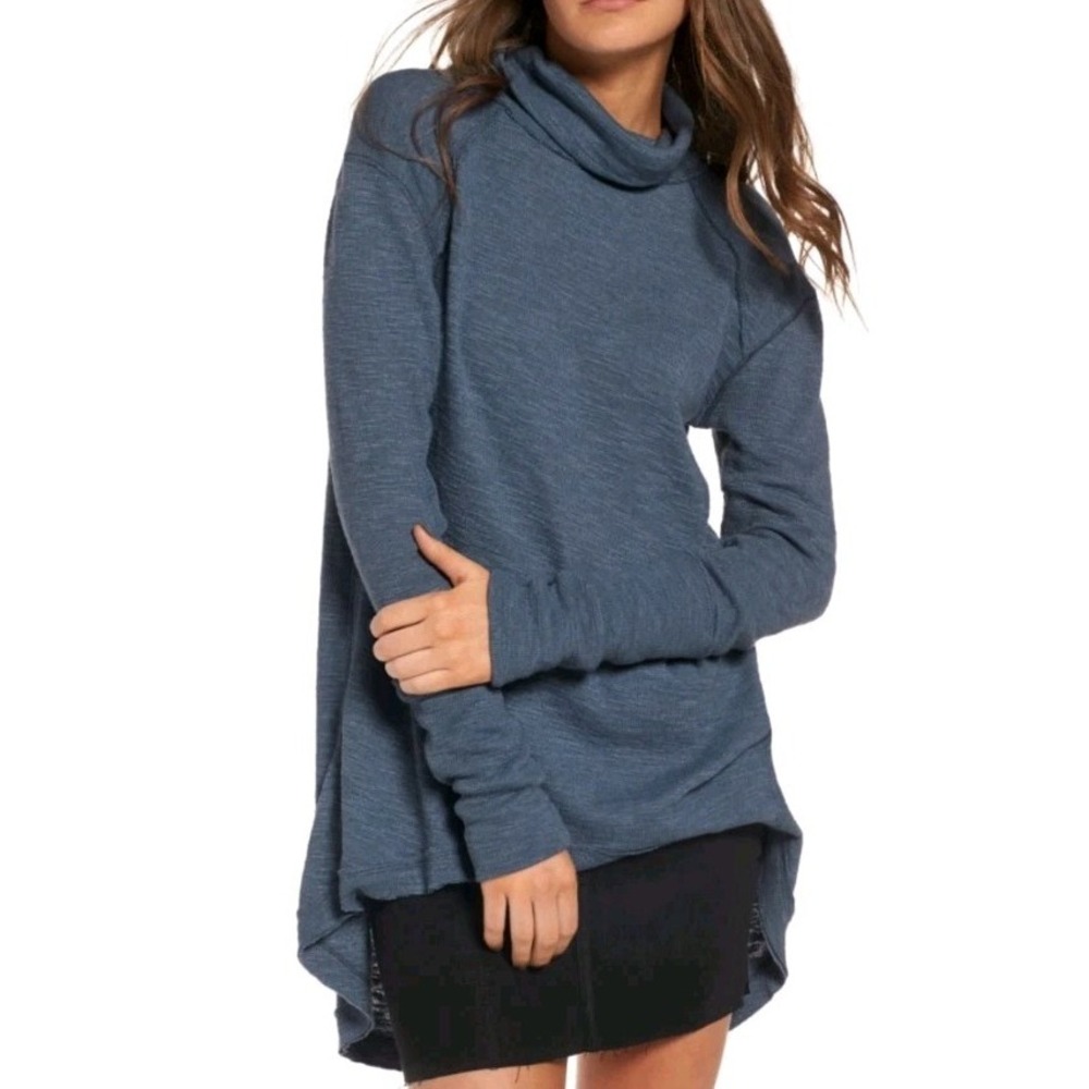 Free People Split Back Turtleneck Top Dusty Blue Sz Small Long Sleeve Tunic Boho